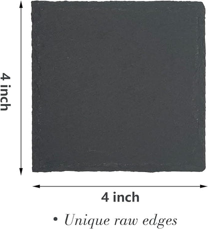 8 Pack 4 inch Square Slate Coasters with Metal Holder,Handmade Natural Rough Edge,with Integral Anti-Skid pad,Laser Engraving Blanks,Stone Coasters