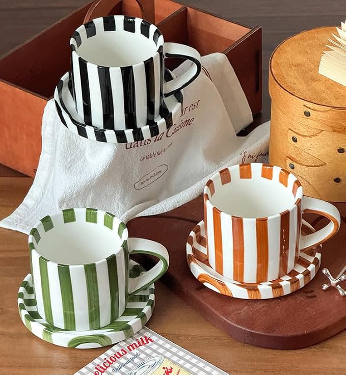 Cup and Saucer Set Hand-Painted Green Stripes, 8 Oz Ceramic Coffee Mug - Image 5
