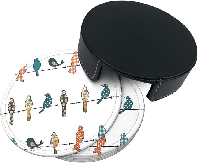 6 Pcs Rowley Birds Floral Pattern Leather Coasters - Image 5