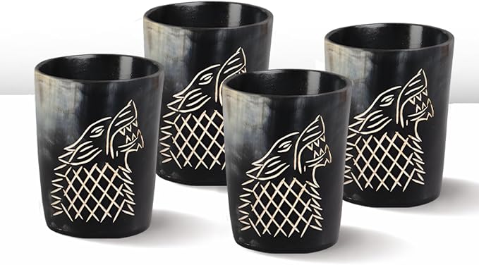 Handicrafts Home Viking Horn Shot Glasses Set of 4, Handmade Natural Ox Horn by HandicraftsHome