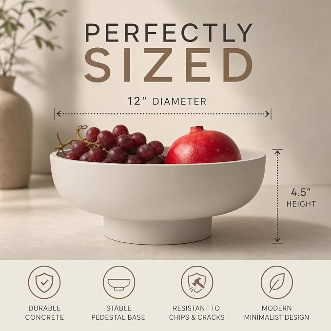 12" Concrete Fruit bowl for Kitchen Counter, Coffee Table Decor, Decorative Key - Image 3