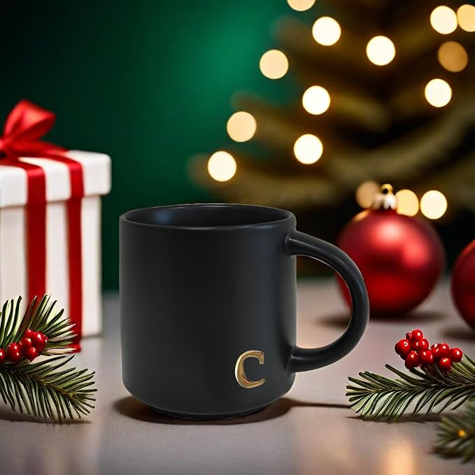 COLLECTIVE HOME Black Ceramic Coffee Mug, 15 oz Golden Monogram Tea Cup | - Image 8