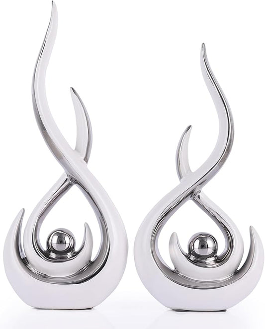 Ceramic Abstract 2 Piece Statue Set, White and Silver Home Decor Accents for Home Decor Statue Mantle Shelf Unique Decor, TV Cabinet Partition Table Top and Dining Table Centerpiece.
