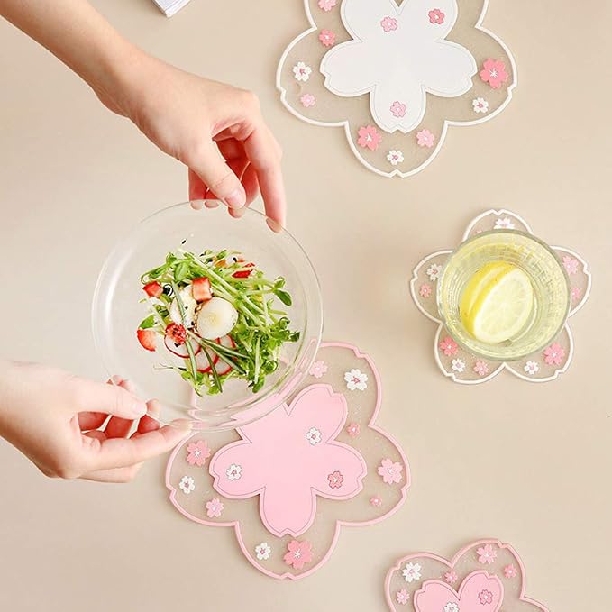 Sakura Coffee Cup Mat Kawaii Coaster 2PCS Cute Cherry Blossom PVC Home Tea Mug - Image 6