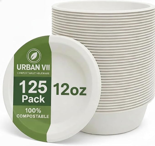 12 oz White Compostable Paper Bowls [125-Pack] – Heavy-Duty & Leak-Resistant Disposable Bowls, Natural Sugarcane Bagasse Fiber, Microwave-Safe, Eco-Friendly for Parties, Catering & Everyday
