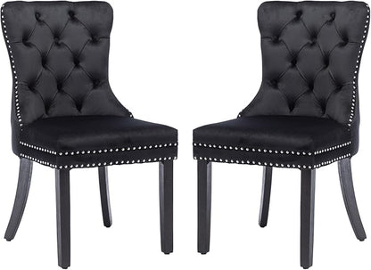 KCC Velvet Dining Chairs Set of 2, Upholstered High-end Tufted Dining Room Chair with Nailhead Back Ring Pull Trim Solid Wood Legs, Nikki Collection Modern Style for Kitchen, Black