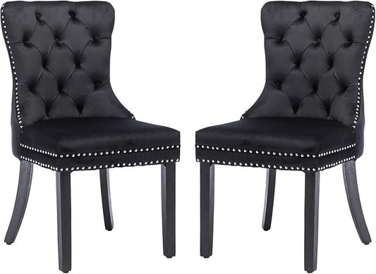 KCC Velvet Dining Chairs Set of 2, Upholstered High-end Tufted Dining Room Chair with Nailhead Back Ring Pull Trim Solid Wood Legs, Nikki Collection Modern Style for Kitchen, Black
