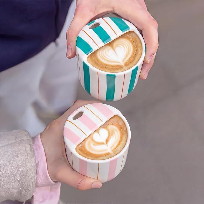 2 Pcs Ceramic Mug with Sip Hole 10 oz Pink Turquoise Striped Ceramic Coffee Mug - Image 6