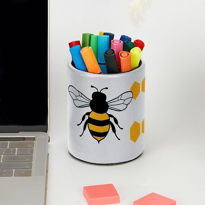 Leather Pen Holder for Desk, Cartoon Bee Pencil Cup Pen Organizer Makeup Brush - Image 5