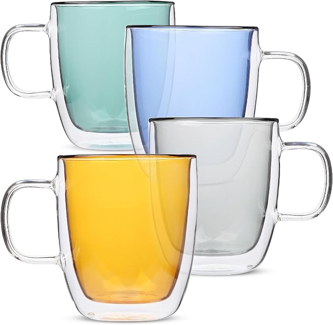 BTaT- Double Walled Glass Coffee Mugs, 12 oz, Colored Glass Coffee Cups by BrewToATea