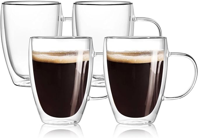 4-Pack 12 Oz Double Walled Glass Coffee Mugs by Wells