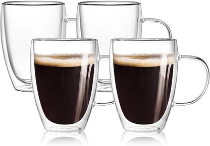 4-Pack 12 Oz Double Walled Glass Coffee Mugs by Wells