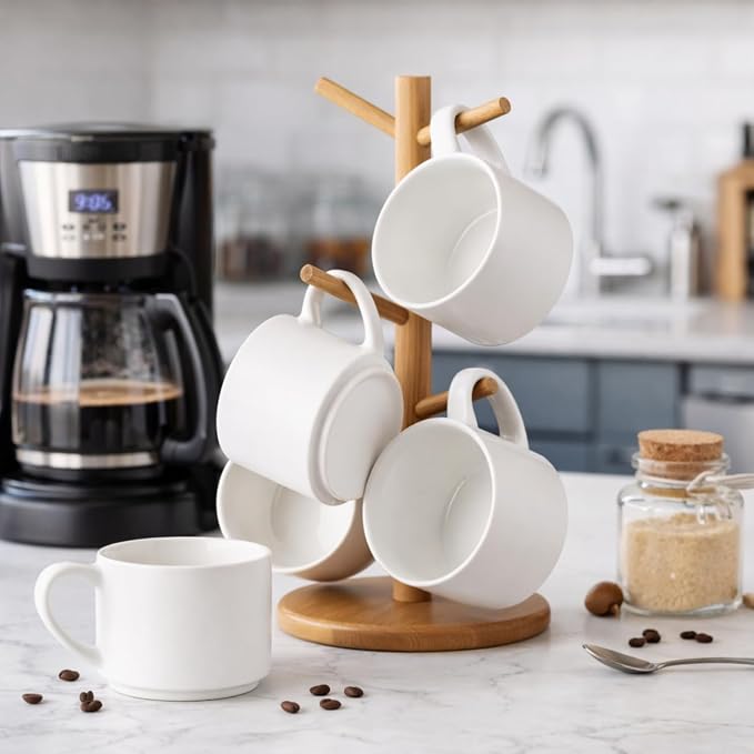 GBhome 14 OZ Coffee Mugs Set of 6, Stackable Matte White Coffee Cups Set | - Image 7
