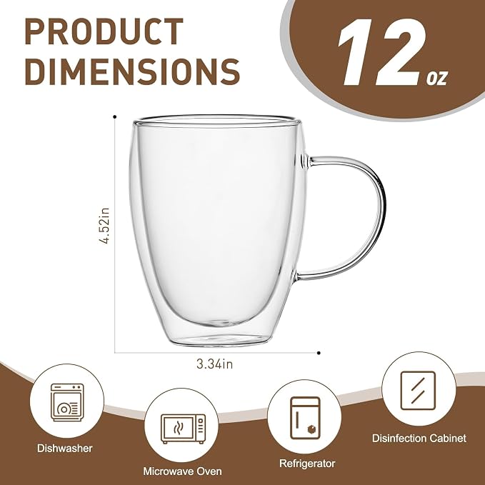 4-Pack 12 Oz Double Walled Glass Coffee Mugs - Image 2