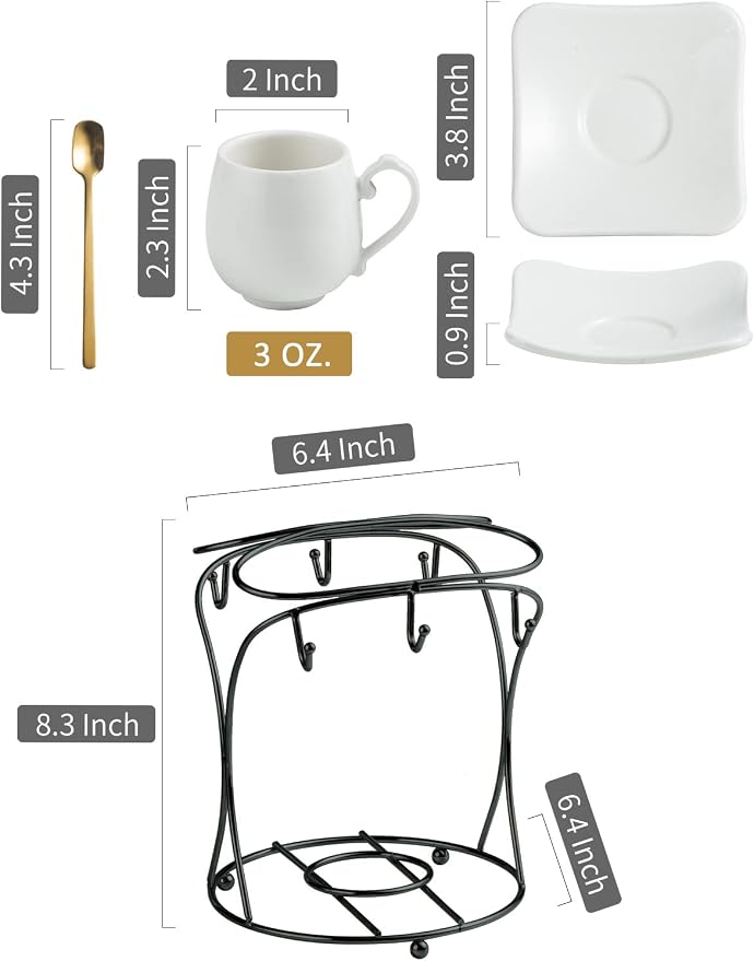 LYEOBOH Espresso Cups with Saucers Set, Porcelain Coffee Cups and Metal Stand - Image 3