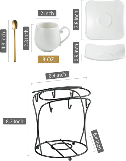 LYEOBOH Espresso Cups with Saucers Set, Porcelain Coffee Cups and Metal Stand - Image 3