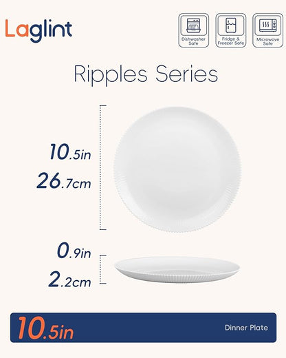 10.5 inch Ribbed Dinner Plate Set of 6, Round Opal Glass White Dinnerware Plates, Dishwasher and Microwave Safe