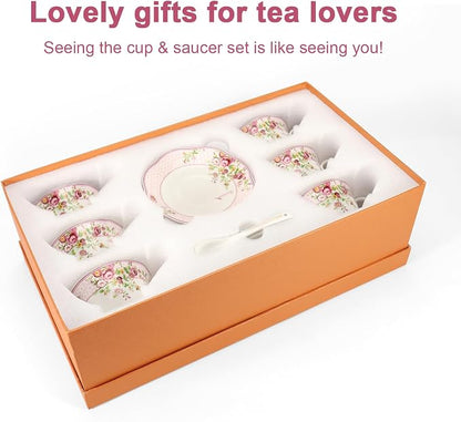 Cup and Saucer Sets of 6 with Spoon, 8oz Ceramic Tea Cups Saucers Set Porcelain - Image 6