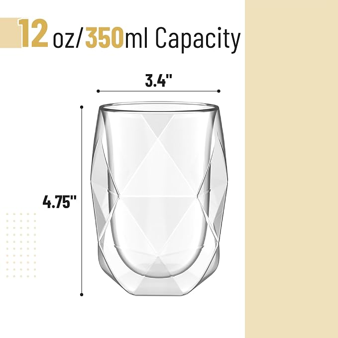 BTaT- Double Walled Glasses, 4 Pack, 12 oz, Insulated Diamond Shaped Glass Cups - Image 3