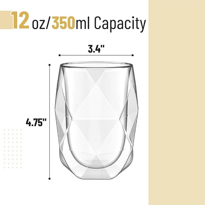BTaT- Double Walled Glasses, 4 Pack, 12 oz, Insulated Diamond Shaped Glass Cups - Image 3