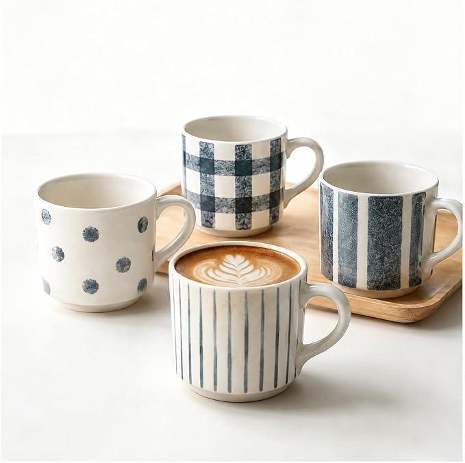 Pilnocok Ceramic Coffee Mugs Set of 4, 10 oz Blue and White Pattern Cups | by Pilnocok