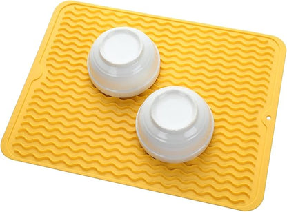 Silicone Dish Drying Mat for Multiple Usage,Easy clean,Eco-friendly,Heat-resistant Silicone Mat for Kitchen Counter or Sink,Refrigerator or drawer liner Yellow L 16 inches x 12 inches