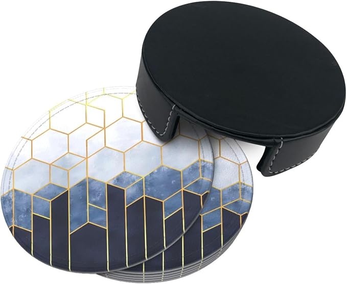 6 Pcs Blue Gold Marble Geometric Hexagons Leather Coasters - Image 5