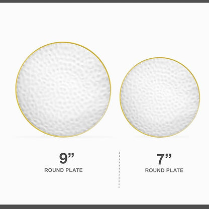 PLASTICPRO 32 Piece Combo Plates Set includes 16-7'' inch Plates & 16-9'' inch Plate Clear Plastic Organic Hammered Design Party Dishes Gold Rim, Elegant, Tableware, Dishes,