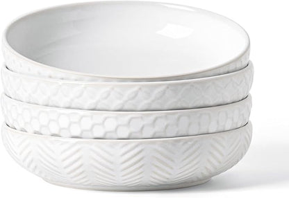 Embossed Ceramic Pasta Bowls Set of 4 – Medium 7.5-Inch, 26oz Serving Bowls for Pasta, Salad, Fruit – Stackable, Microwave & Dishwasher Safe – Great Gift for Housewarming or Everyday Use