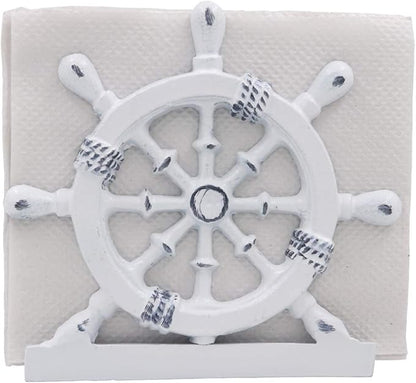 THDC Nautical Napkin Holder, Lunch, Dinner, Nautical Collection Napkin Holder, Made of Metal (Wheel Distressed White)