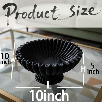 10" Large Decorative Bowl decor, Scalloped Bowls for Modern Home Decor,Ruffle Decor,Stylish Key Bowl for Entry Table,Decorative Fruit Bowl for Kitchen Counter,With base,Black