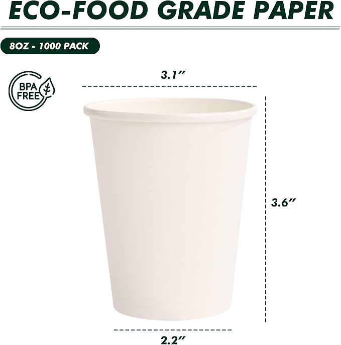 8 oz Paper Coffee Cups 1000 Pack White | Disposable, Hot Coffee Cup, To Go Cups - Image 2