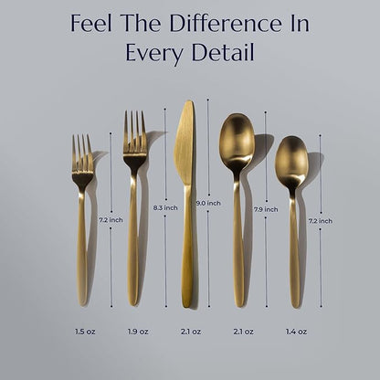 JazzUpCo Tia Flatware non toxic 18/10 stainless steel dishwasher safe (Matte Gold, 12 Person Set (60 Pieces))