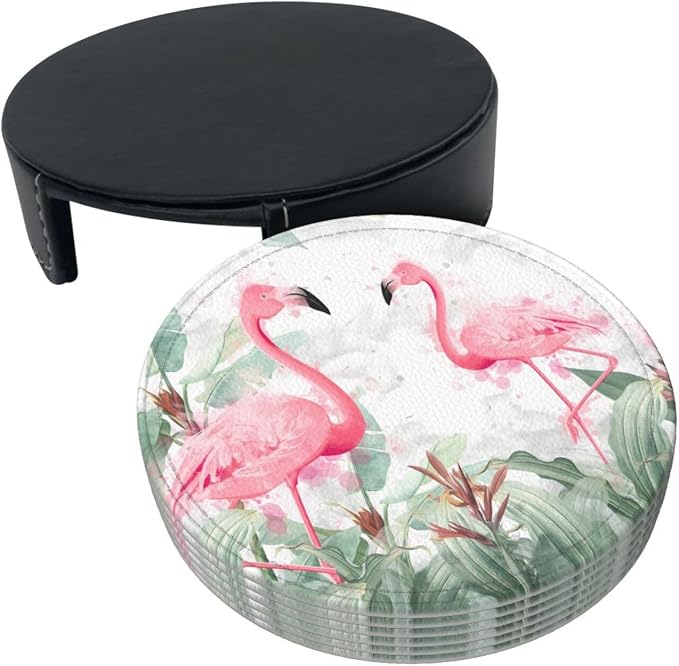 6 Pcs Watercolor Tropical Flamingo Leather Coasters - Image 3