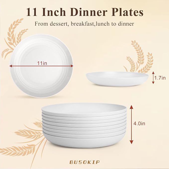 Wheat Straw Plates 11 Inch, Unbreakable & Reusable Plastic Plates Set of 8 - Image 2
