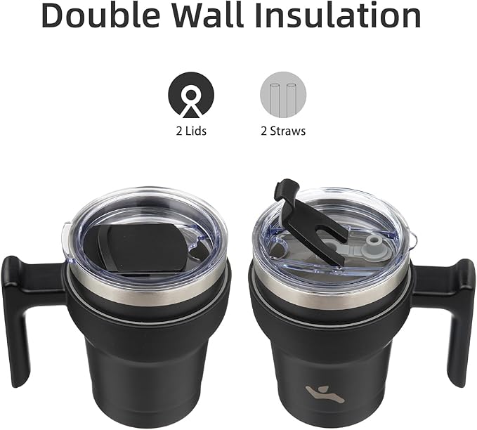 Konokyo 10 oz Tumbler with Handle and Straw, Insulated Travel Mug | Black; - Image 3