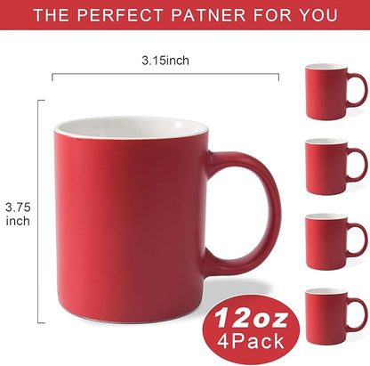 12 oz Cup Plain Gloss Red Ceramic Coffee Mug Set of 4 - Image 2