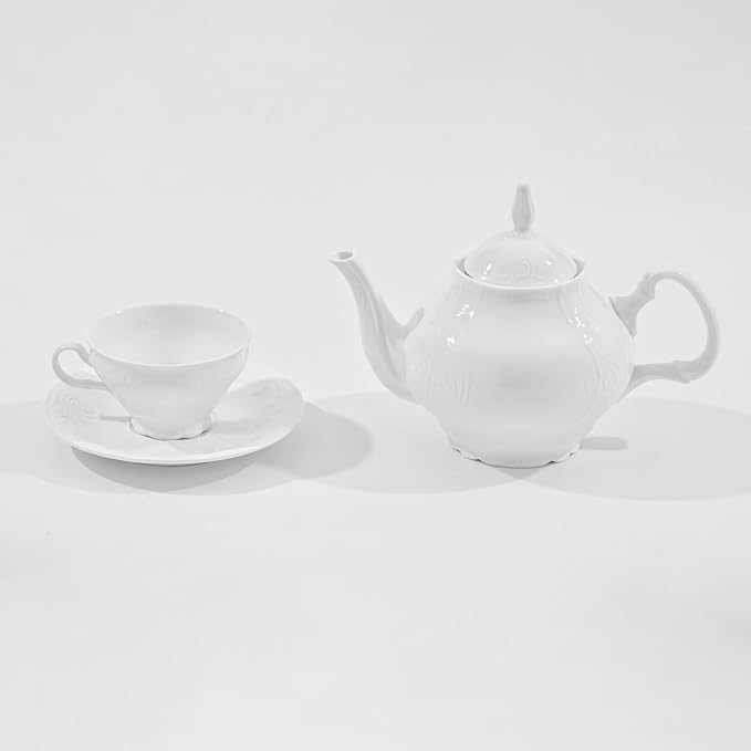 White Fine Porcelain 7 Oz Teacup Saucer Set, Sculpture Surface, Light Weight - Image 6