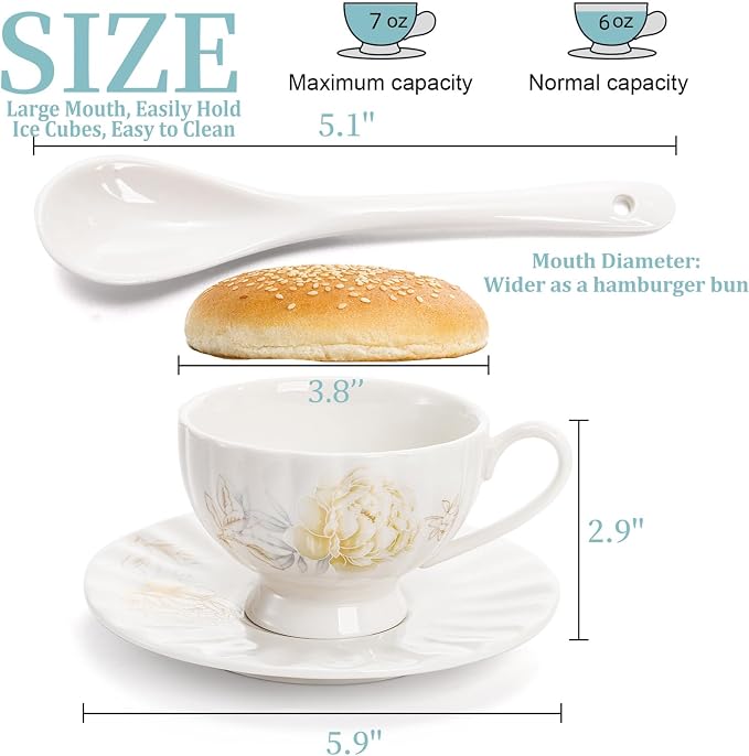 WRINGKIT Tea Cups and Saucers Set of 6, 7 Oz, Microwave Safe | Elegant - Image 2