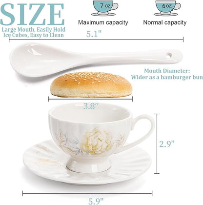 WRINGKIT Tea Cups and Saucers Set of 6, 7 Oz, Microwave Safe | Elegant - Image 2