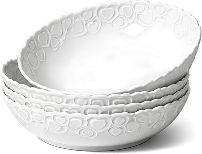 HOMBENE Heartbeat Pasta Bowls Set of 4, 28oz Salad Bowls Soup Bowl for Kitchen, Porcelain Wide and Shallow, Noodle, Soup, Pasta,Dinner, Microwave & Dishwasher Safe (White)