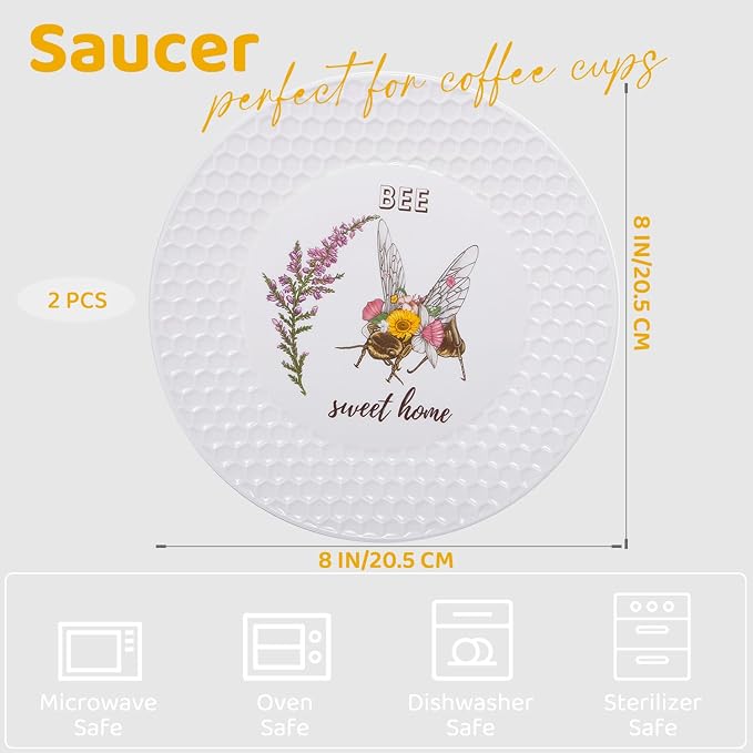 2 PCS Tea & Coffee Saucers, Honey Bee Pattern Ceramic Tea Plates Round Cup - Image 3