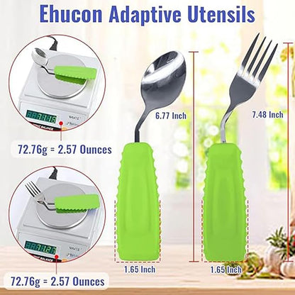 Adaptive Utensils for Hand Tremors,Arthritis and Parkinsons -Weighted Silverware with Non-Slip Handle to Easy Grip,Eating Flatware for Elderly Use (Left Hand 1 pc Fork+1 pc Spoon=2 pcs,Green)