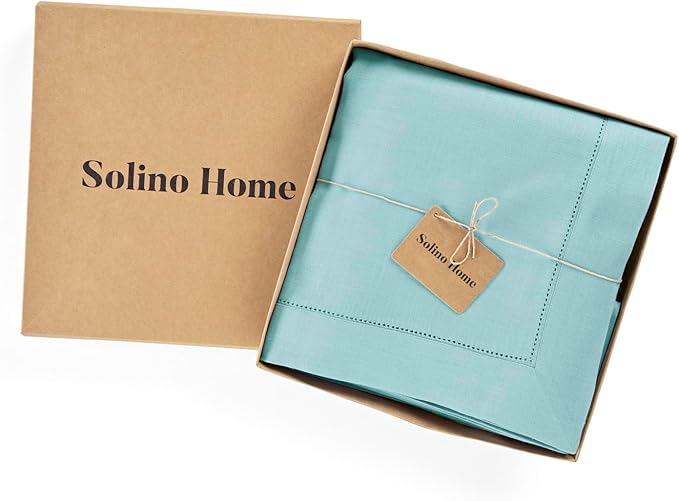 Solino Home Linen Tablecloth for Rectangle Tables 60 x 144 Inch - Classic Hemstitch 100% Pure Linen Aqua Blue Table Cloth - Machine Washable Cloth Tablecloth for Spring, Easter