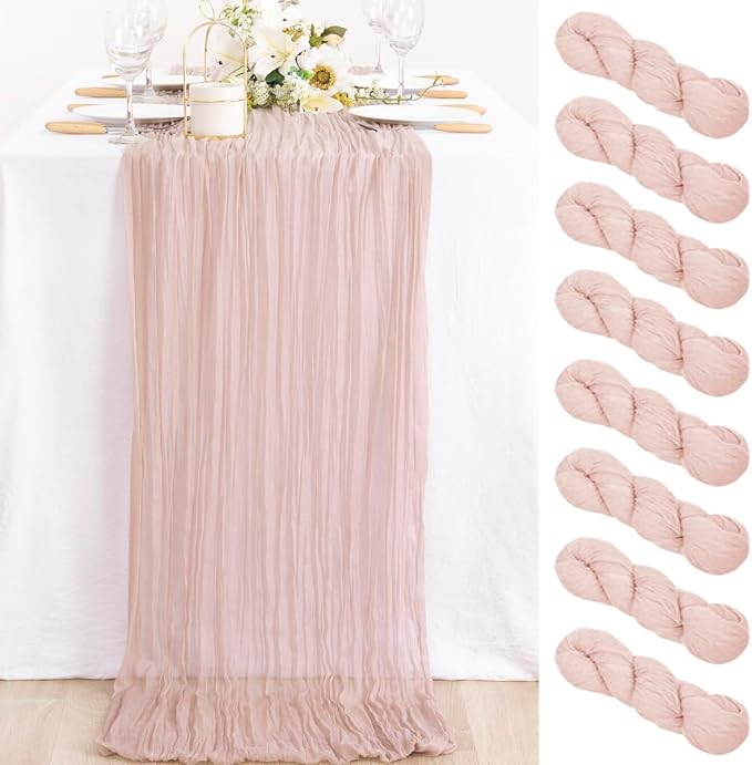 8 Pack Pink Table Runner 10ft Rustic Gauze Cheesecloth Table Decor | by MLMC