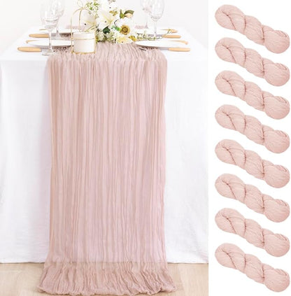 8 Pack Pink Table Runner 10ft Rustic Gauze Cheesecloth Table Decor | by MLMC