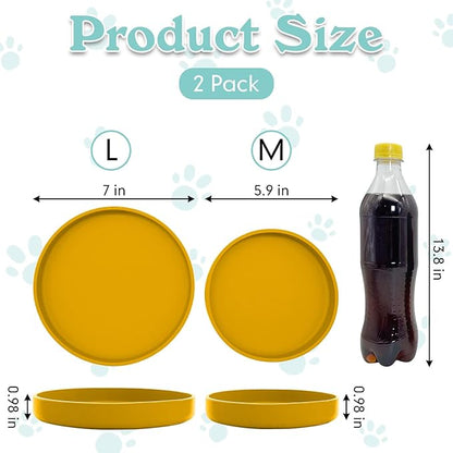 Silicone Dog Bowl Shallow Cat Food Bowls 7" Wide Puppy Plates Whisker Fatigue Pet Feeding Dishes Set of 2 for Dry Food and Wet Food Indoor (Round Yellow)