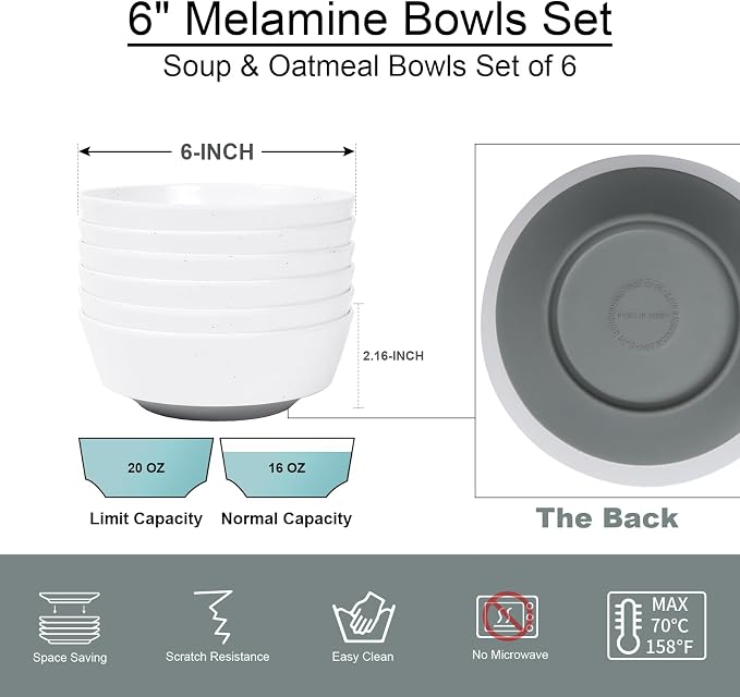 Webbylee 6-inch Melamine Bowls set of 6-20-ounce Dinnerware Cereal Bowls - Image 2