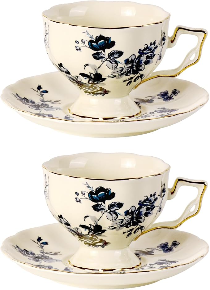 KAMMAK Tea Cups and Saucers Set of 2, 6.8 oz Porcelain Coffee Cups, 563N | by KAMMAK