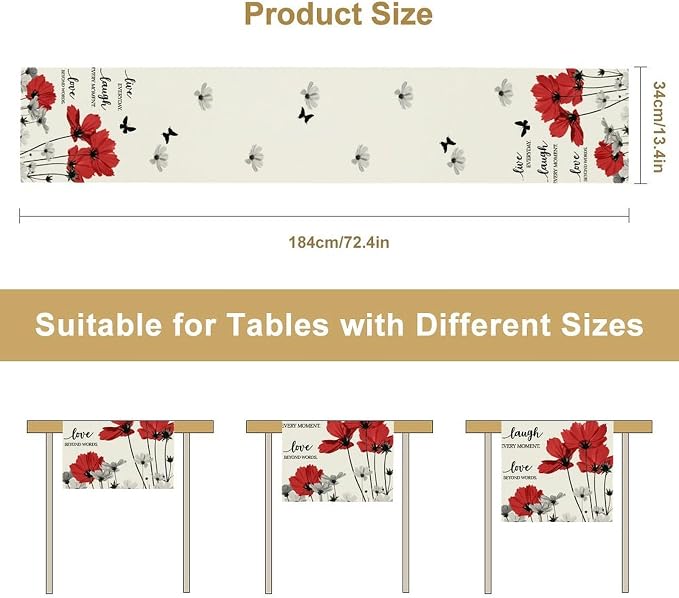 Red Daisy Table Runner, Boho Farmhouse Spring Summer Floral Flower Butterfly - Image 5